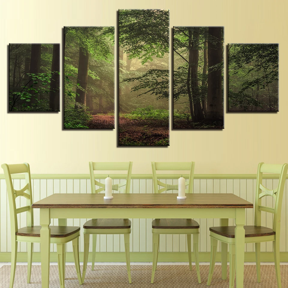 Печатные картины HD рамки Декор современный дом гостиная 5 шт. зеленый лес пейзаж плакаты модульные картины на холсте стены искусства