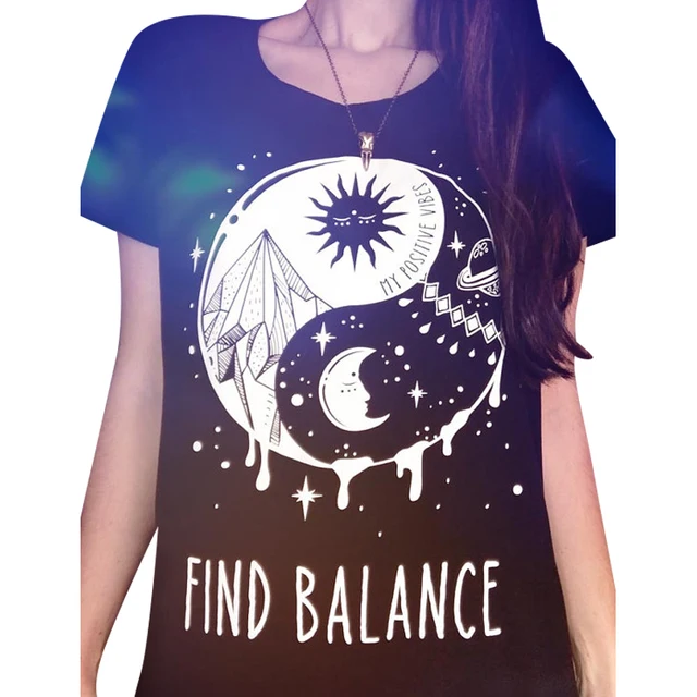 find balance taiji yinyang sun moon printed women black t shirt