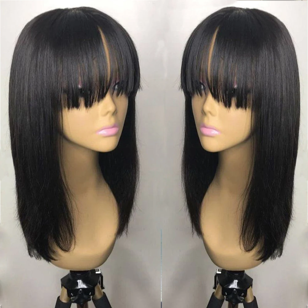 

SimBeauty Peruvian Hair Full Fringe Wig Human Hair Glueless 360 Lace Frontal Wig With Bangs Bleached Knots Lace Wigs For Women