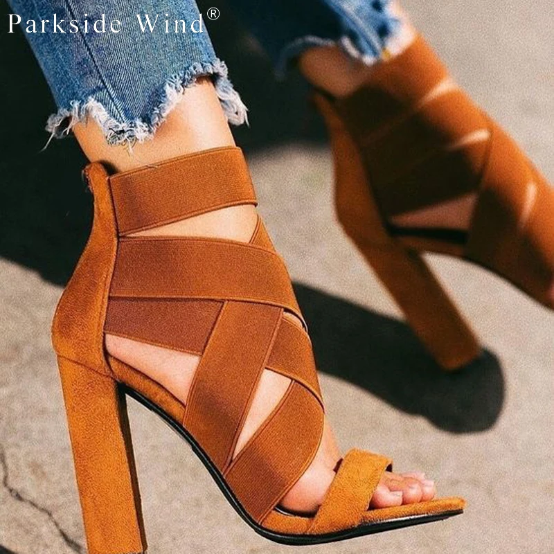 

Parkside Wind Women Sandals High Heel Stretch Fabric Flock Shoes Square Heel Rome Summer Party Ladies Sandalias XWC3231-45