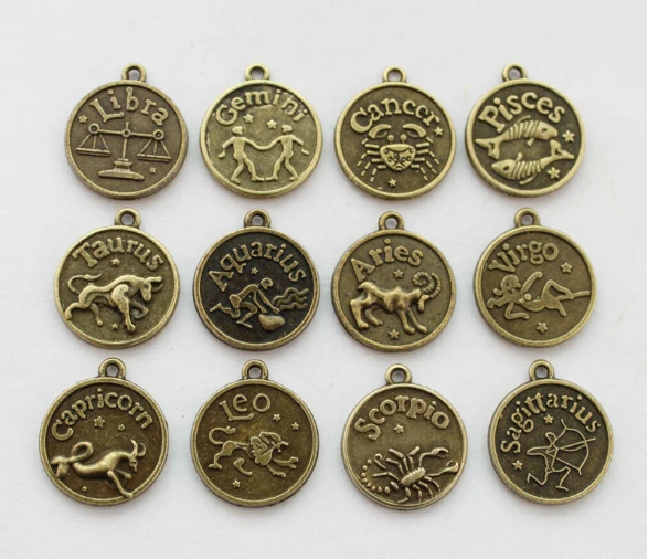 

10 sets (120pcs) Assorted Antiqued bronze Zodiac charms twelve constellations Metal sign pendant wholesale