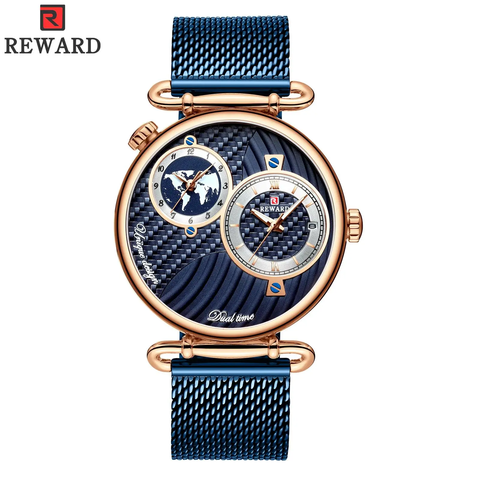 

REWARD Japan Import Dual Movement Double Time Zone Can Be Seen In Different Places Three-dimensional Pattern Men Watches Fashion
