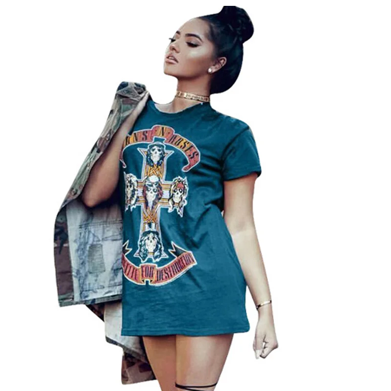 

CWLSP Fashion Women Dresses Punk Rock Tshirt Dress Back Lace Up Fashion Print Vestidos Casual Straight Vestidos Mujer QA2359
