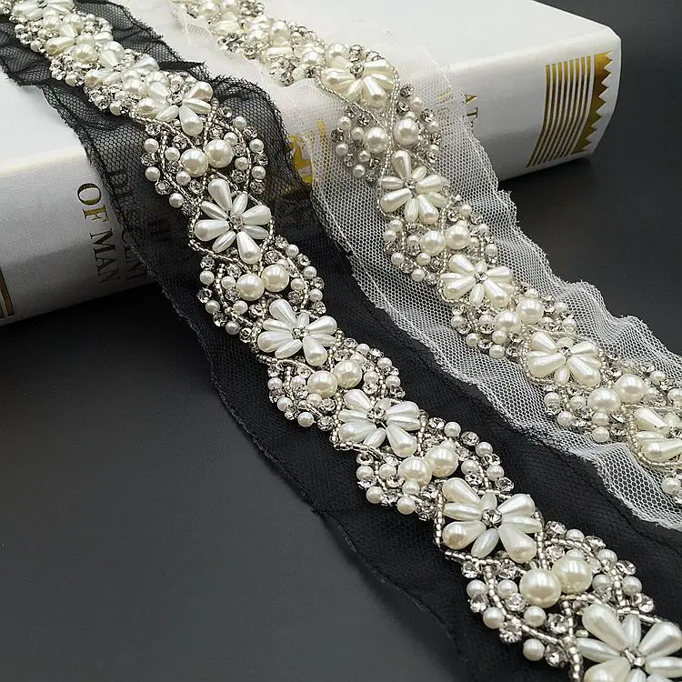 

2yard handmade pearls Fringe Rhinestone Beaded lace Trim for dress Decorative Trimming Fabric appliques DIY Sewing Accessories