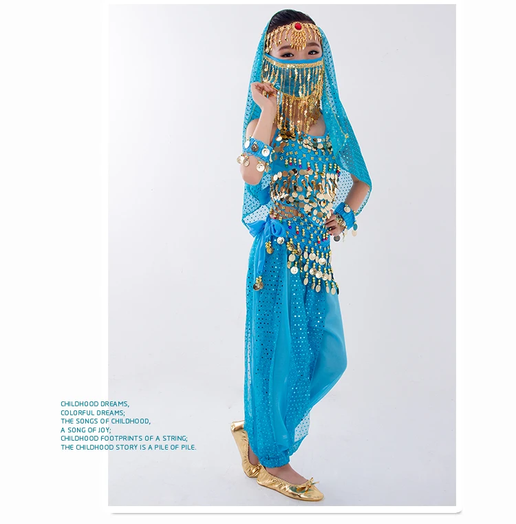 Танец живота Костюм для детей девочек восточный индийский Египетский костюм платье танец живота Болливуд костюмы топ брюки пояс вуаль