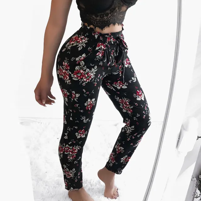 Summer Women Pants Floral Printed High Waist Bandage Girl Casual Trousers FS99