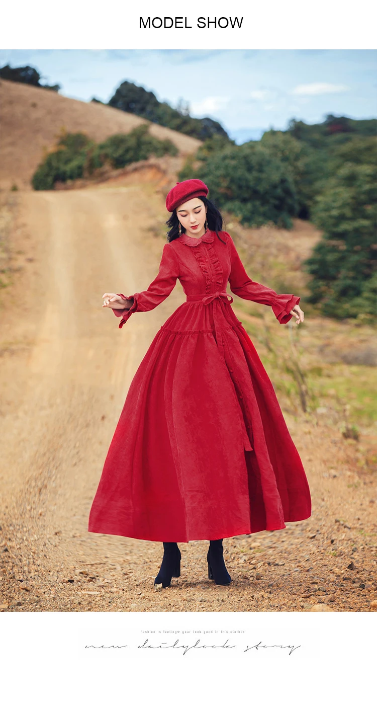 Винтажное красное вельветовое ТРАПЕЦИЕВИДНОЕ длинное платье-рубашка, Осень-зима, женское платье с рюшами и воротником, ретро средневековое большое свободное платье с поясом