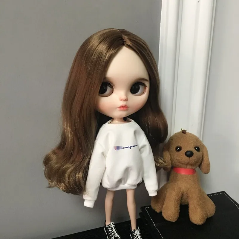 Одежда для кукол Blyth, черно-белая футболка, толстовка с длинными рукавами и принтом для кукол blyth, azone, barbies, pullip 1/6, аксессуары для кукол - Цвет: Белый