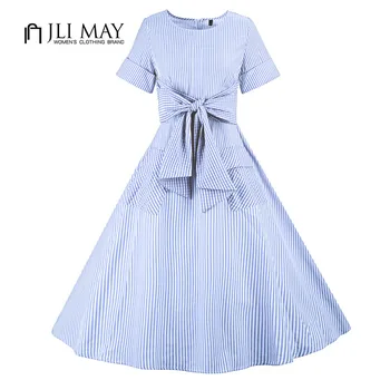 

JLI MAY Striped short Sleeve Dress O-Neck A-Line women red black Dress plus size Casual rural party 50s Vintage Summer dresses