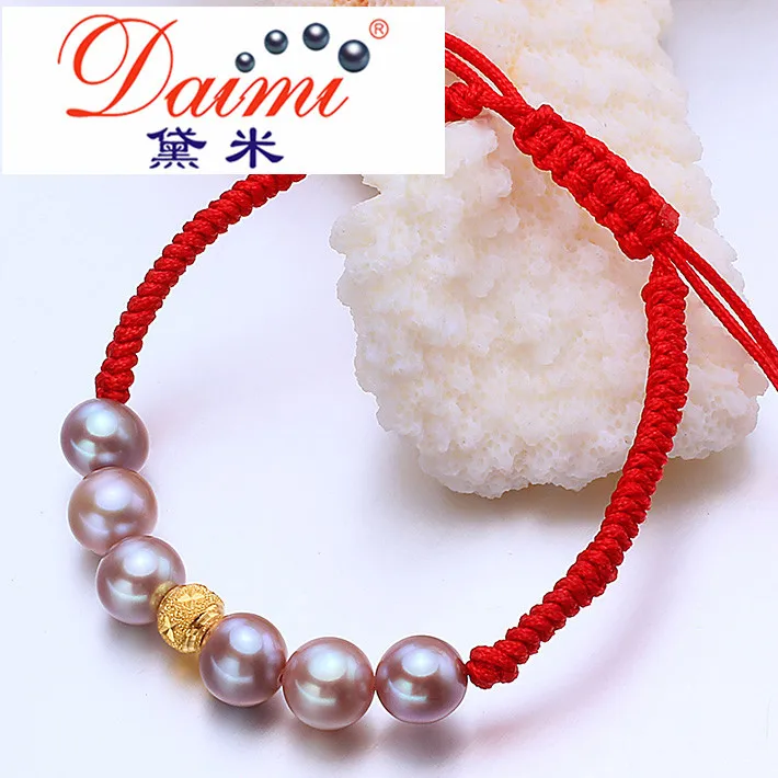 High Quality Red Bracelet 8-9 MM Purple Natural Freshwater Pearl & 999 Pure Gold Ball Bracelet Bijouterie