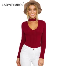LADYSYMBOL Sexy Choker Ribbed Cotton Knitted Halter Bodysuit Women V Neck Long Sleeve Autumn Rompers Women Jumpsuits Playsuits