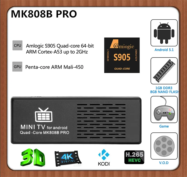 MK808B PRO 4 К Android 5.1 TV Stick Amlogic S905 Quad-Core 64Bit 1 ГБ 8 Мини PC4K * 2 H.265HEVC Bluetooth КОДИ Miracast |