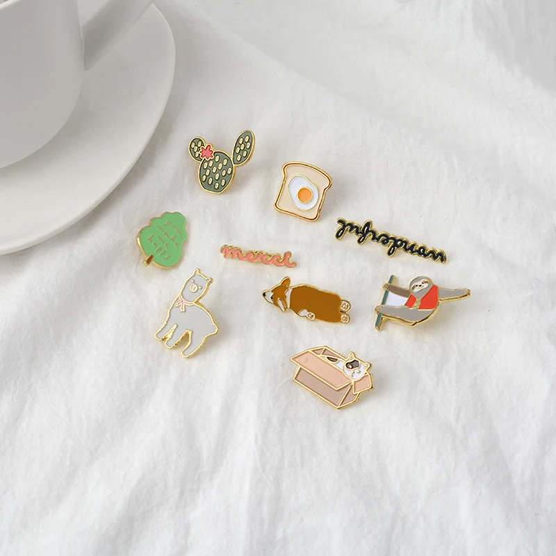 

Cartoon Brooch Collection Cactus Tree Toast Alpaca Cat in box Alpaca Toast Corgi Pins Badges Enamel Pins Lapel Pin For Women Men