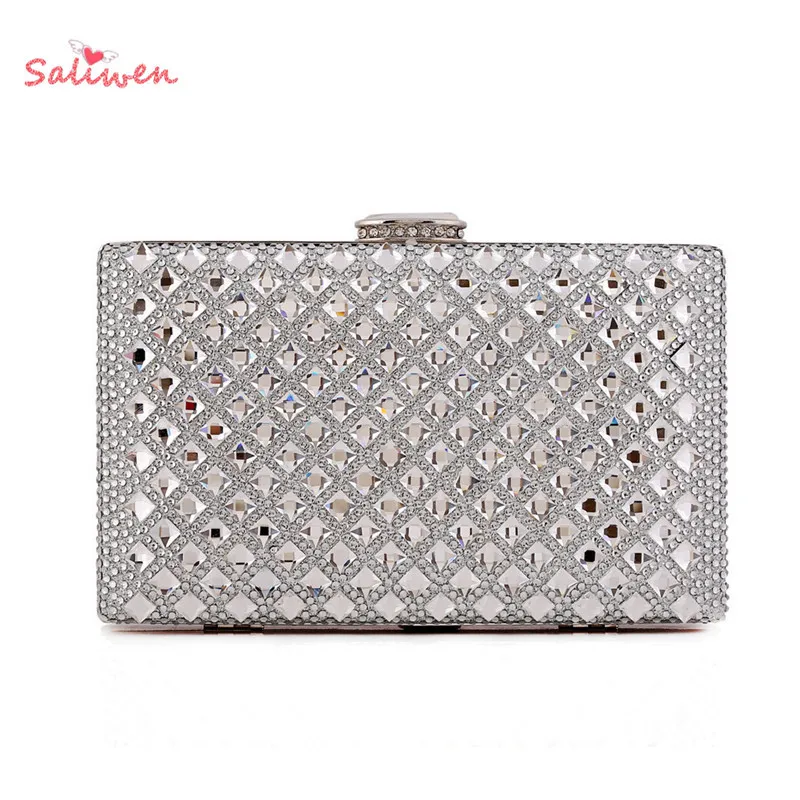 2015 Luxury Glitter Silver Crystal Evening Clutch Purses Prom Bride