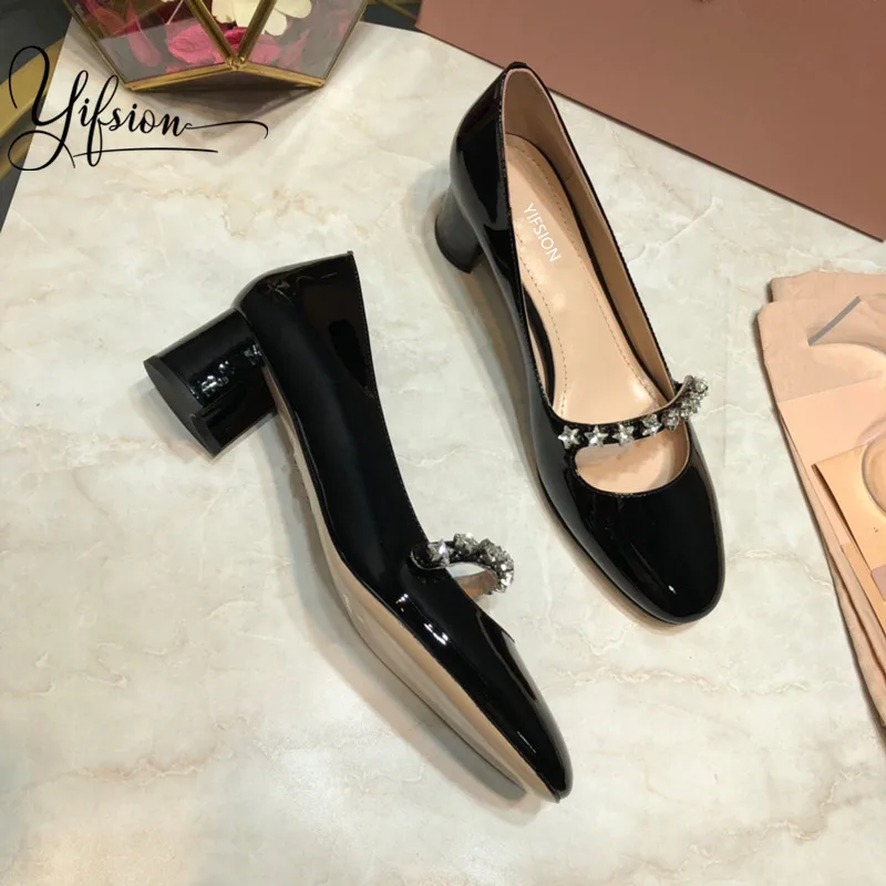 

OLOME New Genuine Leather Women Casual Pumps Square Toe Crystal Slip OnThick Low Heel Ladies Pumps Party Shoes Woman