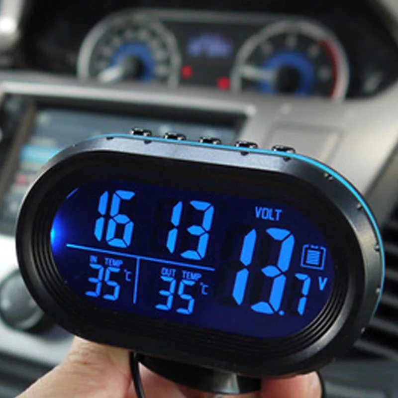1 Set 12-24V Car Thermometer Voltmeter LCD Digital Display Clock In/Out Temperature Blue Backlight Digital with Accessories
