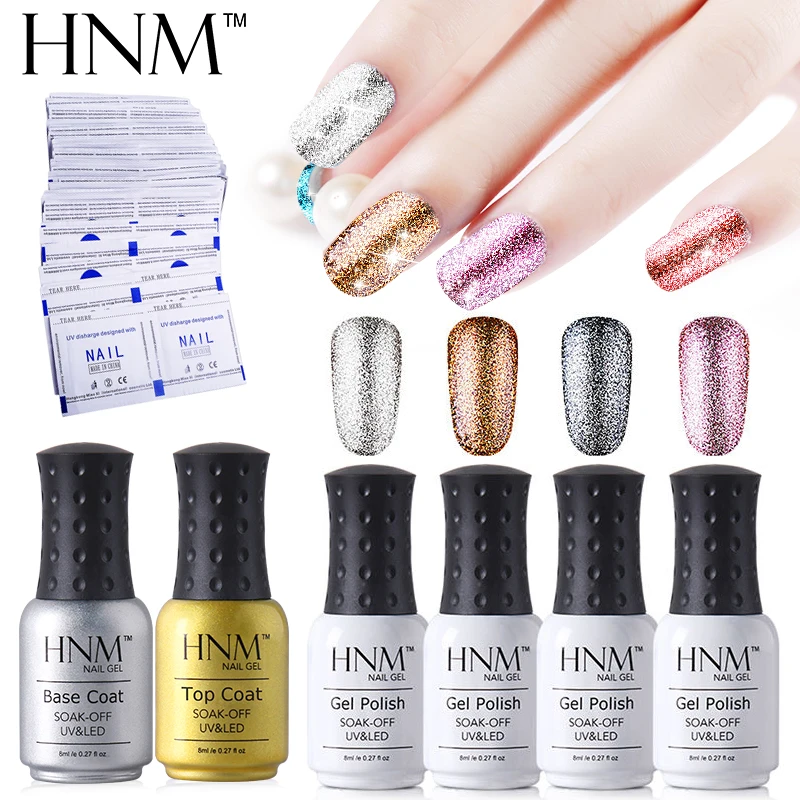 Hnm 7pcs/lot 8ml 4pcs Bling Glitter Gel Nail Polish Set 1 Top Base Coat