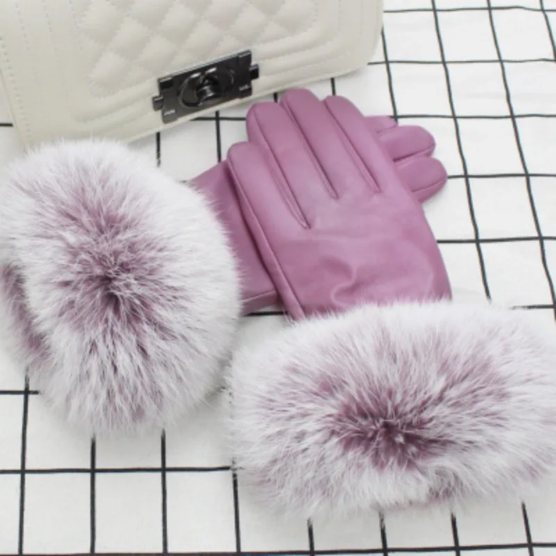 Новое поступление женские перчатки роскошные меховые перчатки для женщин модные однотонные женские кожаные перчатки зимние женские Мотоциклетные Перчатки