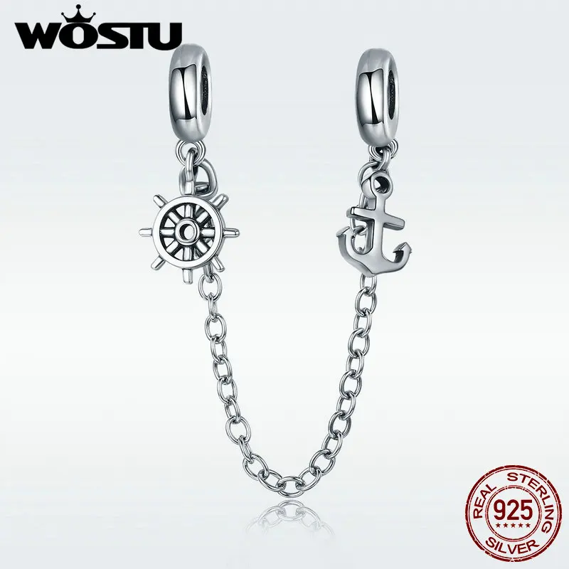 

WOSTU Hot Sale 925 Sterling Silver Anchor & Rudder Safety Chain Charm fit Bead Bracelet For Women DIY Jewelry Accessories DXC604