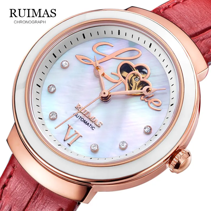 

Winner Fashion Dress Red Band Flower Dial Display Lady Watch Top Brand Luxury Female Wear Mechanical Women Wrist Watch Clock