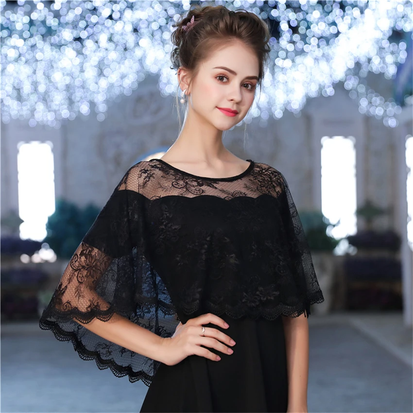 

ISHSY 2019 Black Lace Bridal Wedding Bolero Cape Women for Evening Party Hi-Lo Shawl Capa Chaqueta Chales de fiesta mujer novia