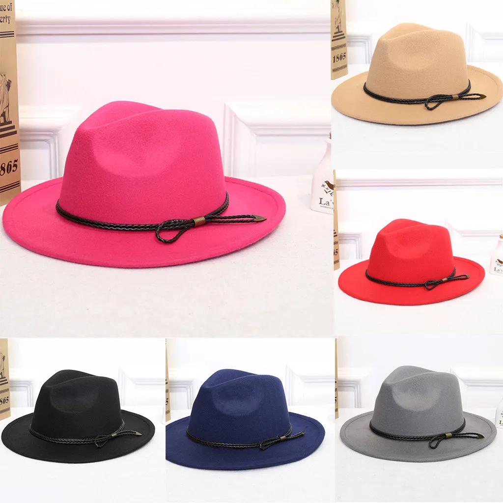 

Fashion Wide-Brimmed Hat Solid Color Casual Women's Crushable Wool Felt Outback Hat Panama Hat Wide Brim with Belt fedora Cap #C