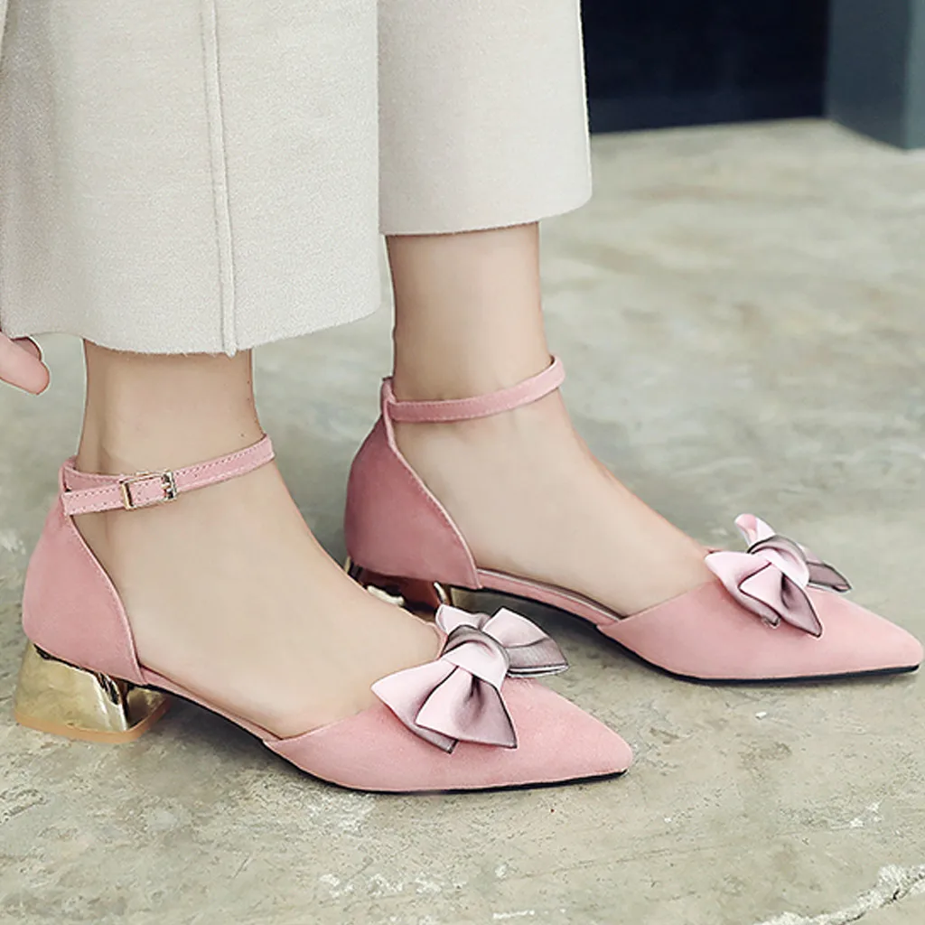 

women's shoes 2018 fashion Pointed Bow Single Shoes Belt Buckle High Heel Shoes Wild Ladies Sandals shoes woman