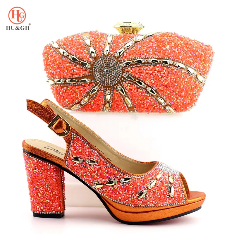 

2019 Orange Color Italian Ladies Shoes and Bag Set Decorated with Rhinestone Shoes and Bag Set African Sets Nigerian Women Shoes