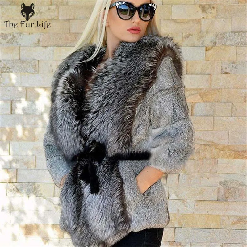 

Luxury Natural Real Rabbit Fur Coat With Big Silver Fox Fur Collar Warm Fur Jackets Genuine Fur Coats