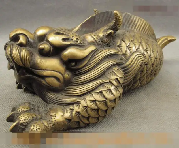 

S1542 10" FengShui Chinese Bronze Lucky Dragon Kylin Beast Head Fish Body Statue