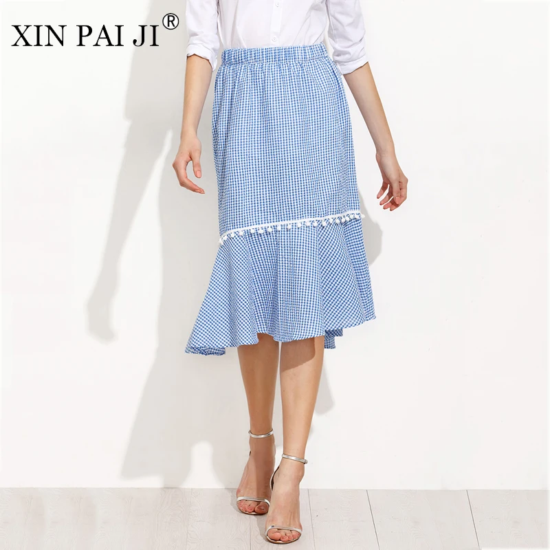 

XIN PAI JI 2017 Women's Skirts Summer Fashion Style Fishtail High Waist Casual Plaid Mermaid Long Skirt