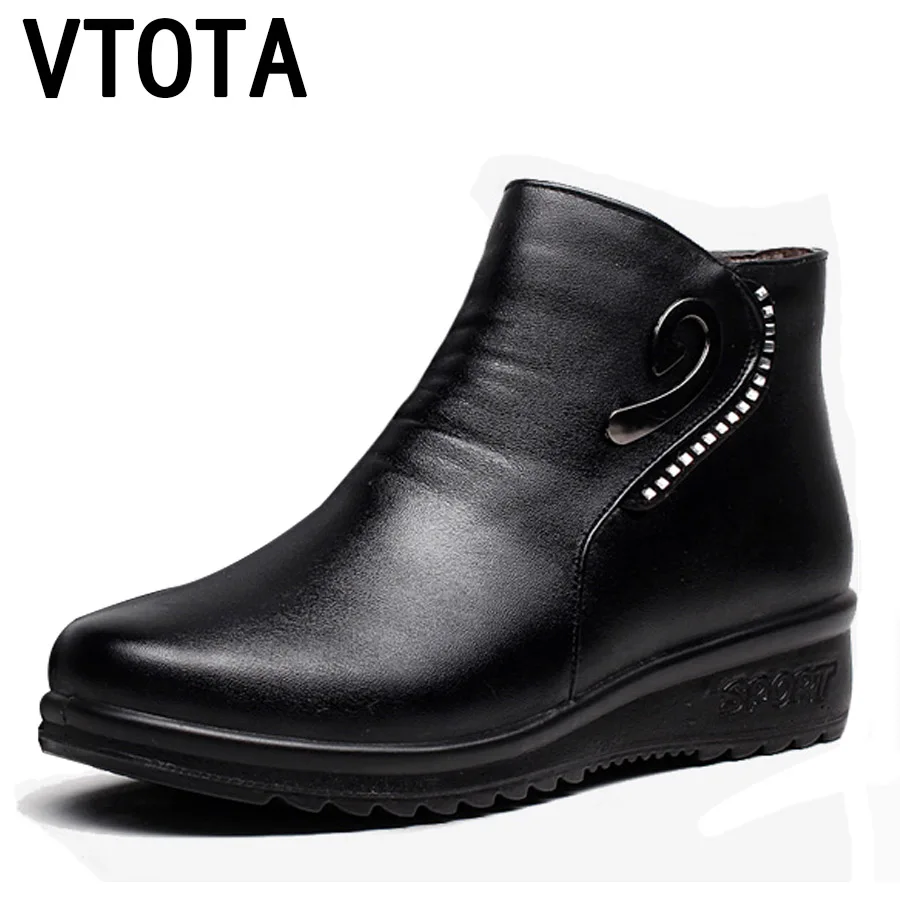 

VTOTA Genuine Leather Women Ankle Boots Black Martin Boots Botas Ankle Boots For Women Zip Wedges Winter Mom Shoes H122