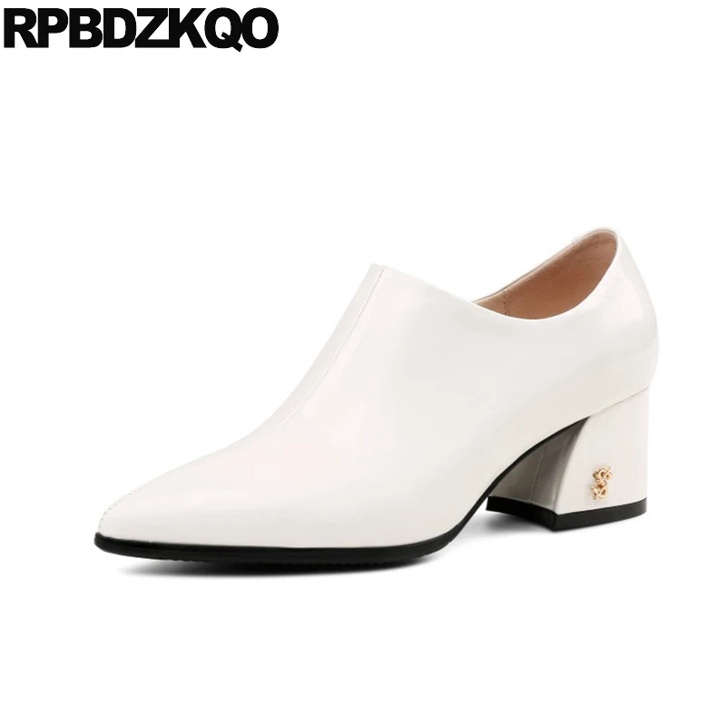 

2019 fashion shoes brand high quality runway patent leather beige female women genuine thick pointed toe size 4 34 medium heels