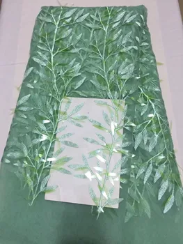 

French Net Lace Fabric 2017 Latest african guipure lace fabric with embroidery mesh tulle Grass Green cord Sequins lace fabric