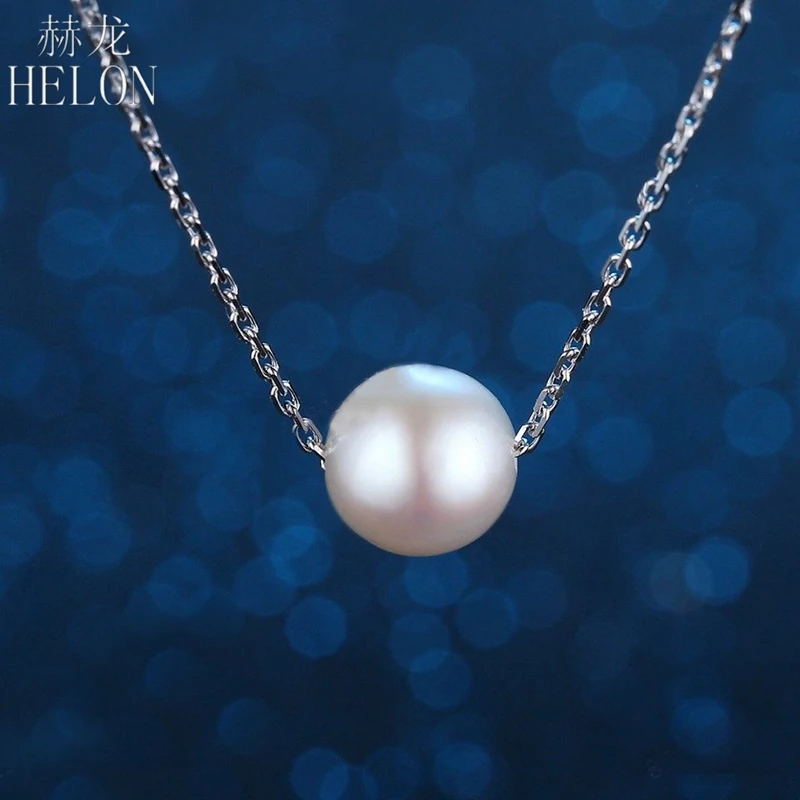 HELON Fresh Water Pearl 8mm Round Pierce Pave Setting Solid 18K White Gold Chain Simple Design Pearl Necklace Women Fine Jewelry HELON Fresh Water Pearl 8mm Round Pierce Pave Setting Solid 18K White Gold Chain Simple Design Pearl Necklace Women Fine Jewelry