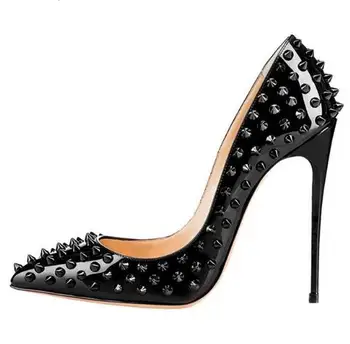 

Luxury Designer Rivets black patent leather heel woman spike Pointy Toe Party Stiletto Shoes