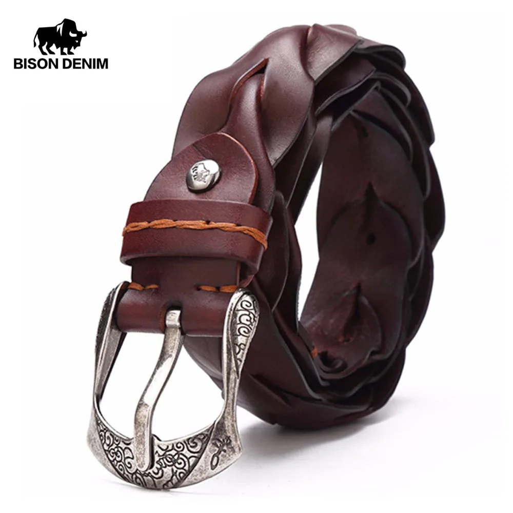BISON DENIM 100% TOP Layer Genuine Leather Men Belt Luxury Brand Belts For Men Vintage Woven ...