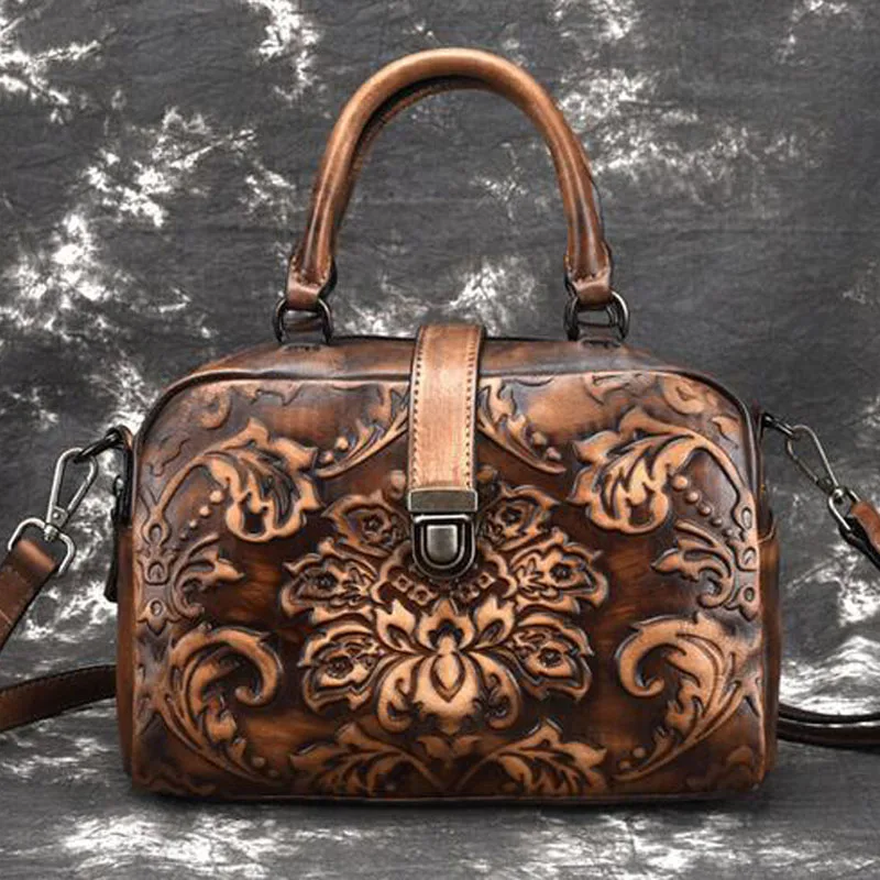 Women Genuine Leather Retro Shoulder Messenger Top Handle Bags Vintage Embossed Pattern Ladies Handbags Bag Female Leather Bags Women Genuine Leather Retro Shoulder Messenger Top Handle Bags Vintage Embossed Pattern Ladies Handbags Bag Female Leather Bags