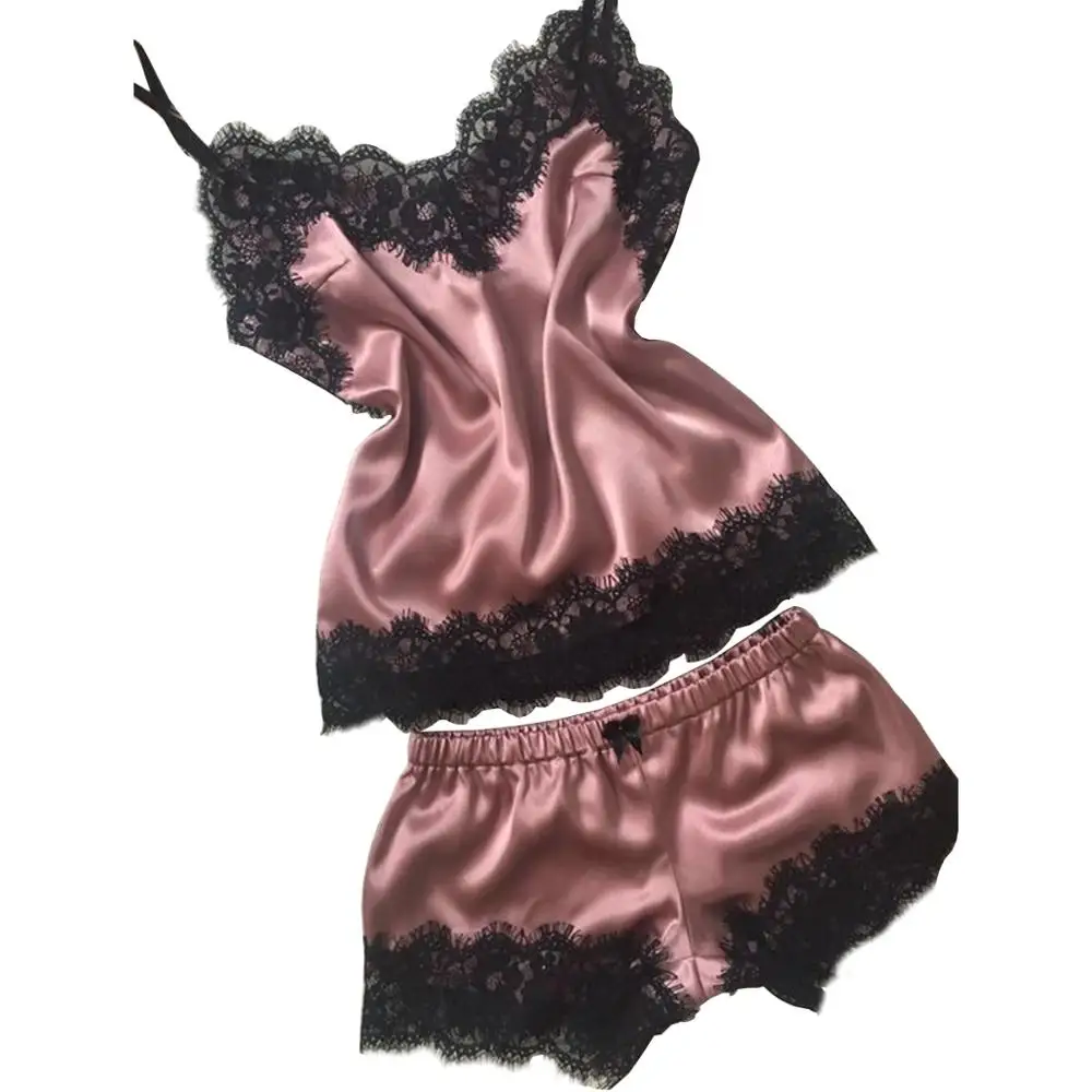Women's Sleepwear Sexy Satin Pajama Set Black Lace V-Neck Pyjamas Sleeveless Cute Cami Top and Shorts woman pajamas summer Women's Sleepwear Sexy Satin Pajama Set Black Lace V-Neck Pyjamas Sleeveless Cute Cami Top and Shorts woman pajamas summer