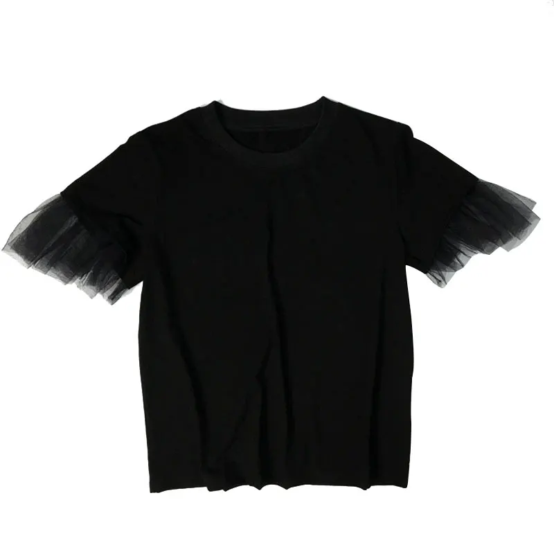 

2019 New Summer Round Neck Short Mesh Cuff Stitching Mesh Loose Temperament T-shirt Women Tide Camisas Femininas Clubwear