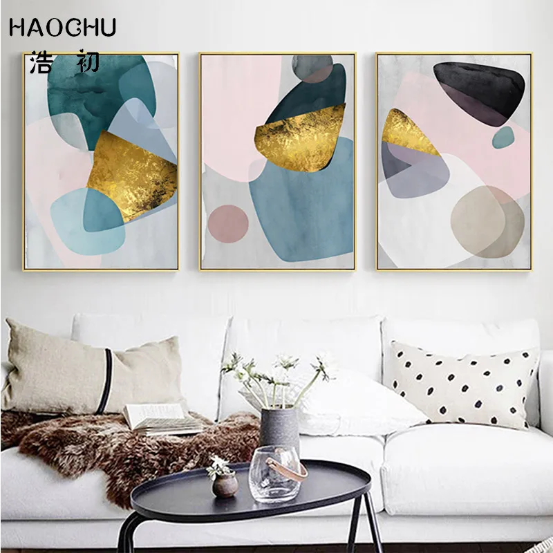 

HAOCHU Nordic Poster Modern Art Abstract Watercolor Gold Foil Pink Blue Color Block Canvas Painting For Living Room Porch Decor
