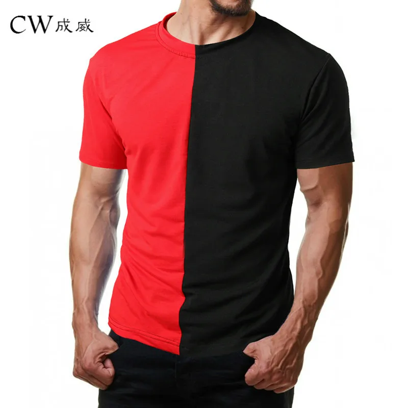

CW Tshirt Brand 2018 Male Short Sleeve T Shirt O-Neck Men T-Shirt Red Black Simple splicing Tee Tops Shirt Homme T Shirts M-2XL