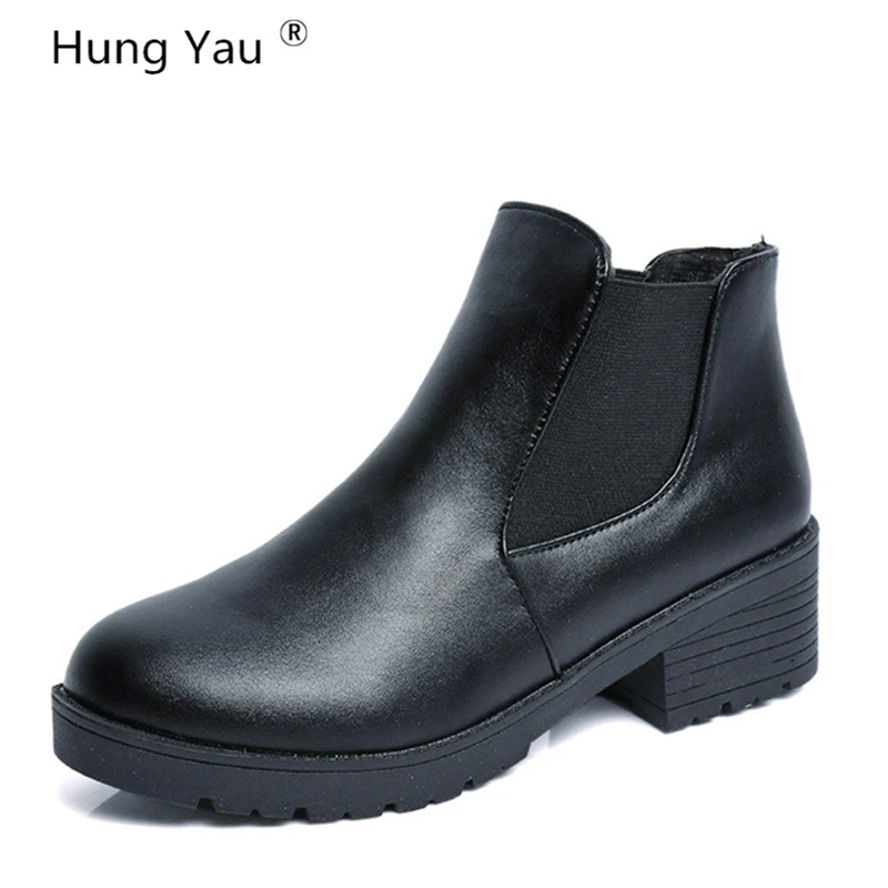 

Hung Yau Shoes For Women Ankle Boots Round Thick Bottom PU Leather Waterproof Woman Martin Black Boots Fashion Shoes Plus Size 9