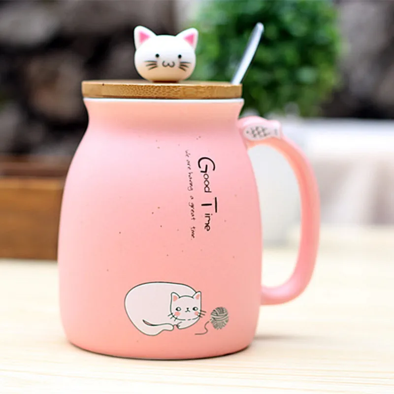 Новая термостойкая чашка с изображением кунжута кошки с крышкой и ложкой, цветная офисная керамическая кружка с рисунком котенка, чашка для школьников - Цвет: Color2