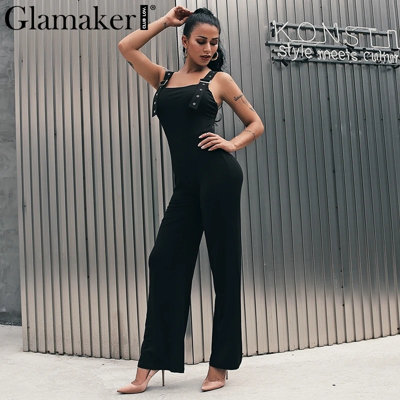 

Glamaker Sexy black fitness wide leg jumpsuit Women high waist jumpsuit spring Office ladies streetwear playsuit romper overalls