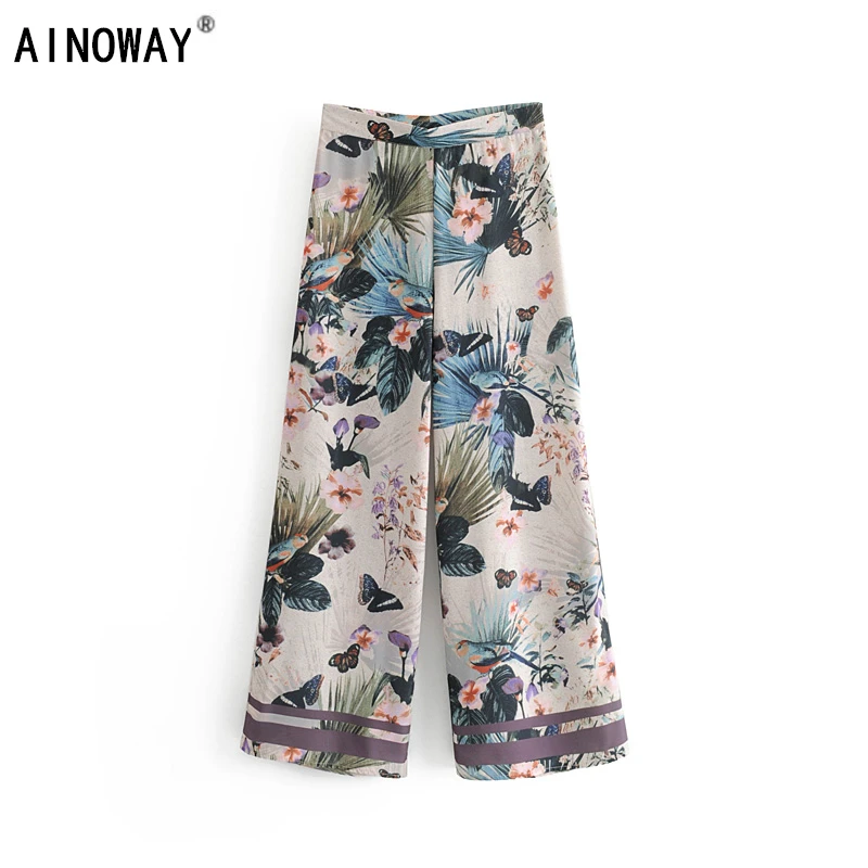 

Vintage chic elegant women bohemian birds print wide leg pants ladies casual loose linen Boho long pants oversize