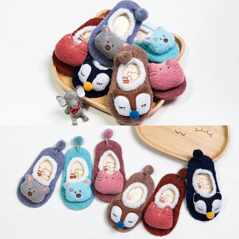 Противоскользящие носки для маленьких девочек и мальчиков от 0 до 5 лет зимние теплые носки-тапочки для новорожденного в форме животных