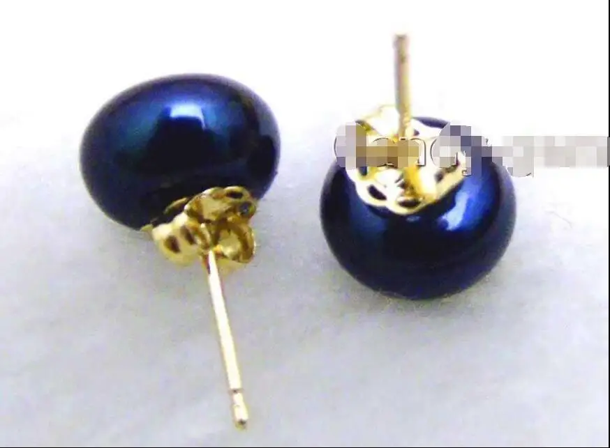 

Free Shipping >>>>SALE Natural Freshwater 8mm Black Flat Pearl Earring &14k Solid Gold Stud fcy