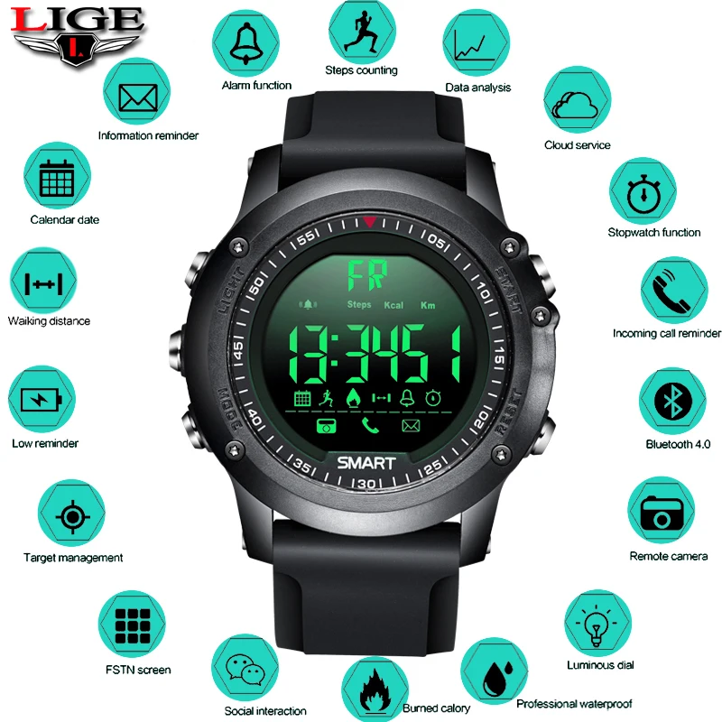 

LIGE Digital Bracelet Men Bluetooth Pedometer Stopwatch 50m depth waterproof Electronics Watch Sport Smartwatch Reloj digital