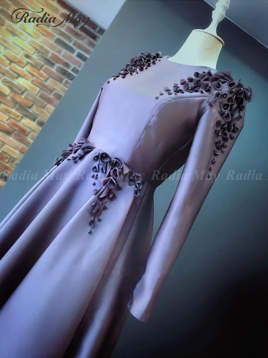 

Dubai Long Sleeves 3D Flower Arabic Evening Gowns Ankle Length Formal Dress O-Neck Elegant Long Plus Size Women Prom Party Gowns